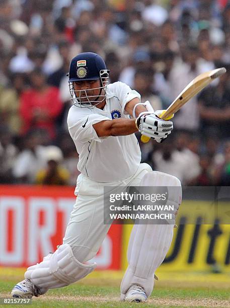 Indian cricketer Sachin Tendulkar bats during the third day of the second Test match between India and Sri Lanka at The Galle International Cricket...