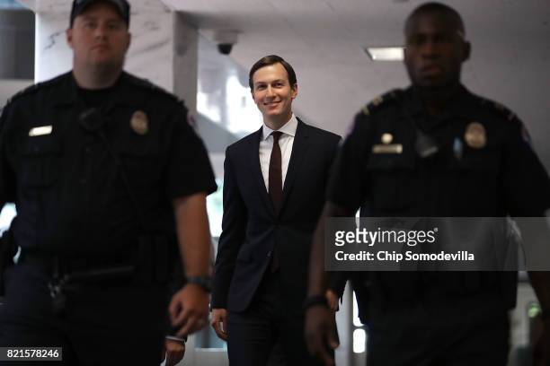 White House Senior Advisor and President Donald Trump's son-in-law Jared Kushner leaves the Hart Senate Office Building after testifying behind...