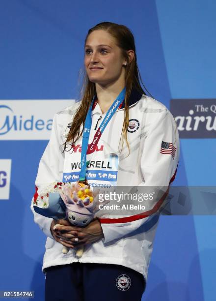 Kelsi Worrell of the United States celebrates winning bronze in the Women's 100m Butterfly Final on day eleven of the Budapest 2017 FINA World...