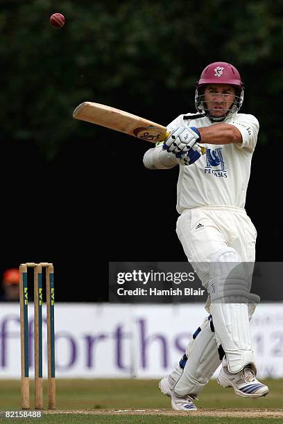 Justin Langer of Somerset pulls during day four of the LV County Championship match between Sussex and Somerset at Cricket Field Road Ground on...