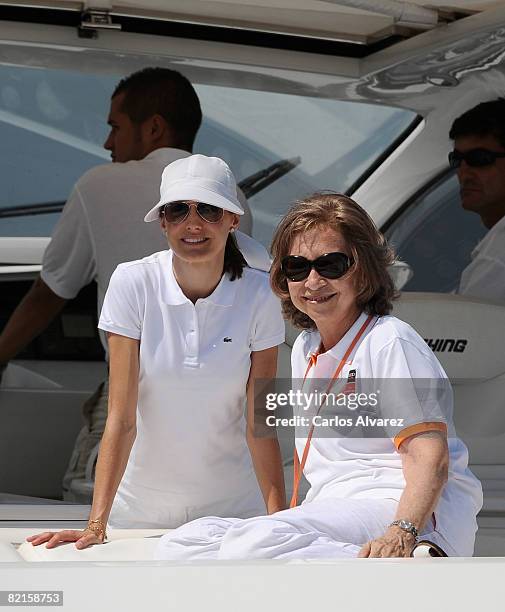 Princess Letizia and Queen Sofia of Spain smile on board the "Somni" during the 27th Copa del Rey Mapfre Audi Sailing Cup on August 2, 2008 in Palma...