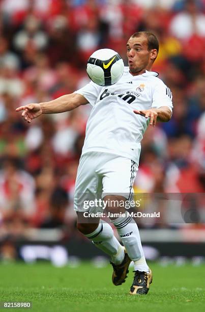 Wesley Sneijder of Real Madrid in action during the pre-season friendly match between SV Hamburg and Real Madrid during the Emirates Cup at the...