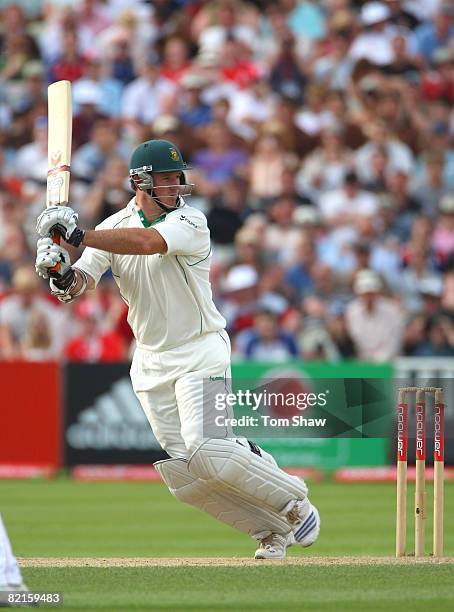 Graeme Smith of South Africa hits out during day 4 of the 3rd npower Test Match between England and South Africa at Edgbaston on August 2, 2008 in...