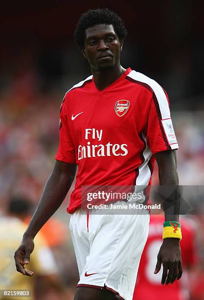 Emmanuel Adebayor of Arsenal looks on during the pre-season friendly match between Arsenal and Juventus during the Emirates Cup at the Emirates...