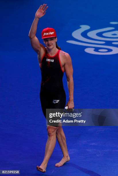 Katinka Hosszu of Hungary celebrates winning gold in the Women's 200m Individual Medley Final on day eleven of the Budapest 2017 FINA World...