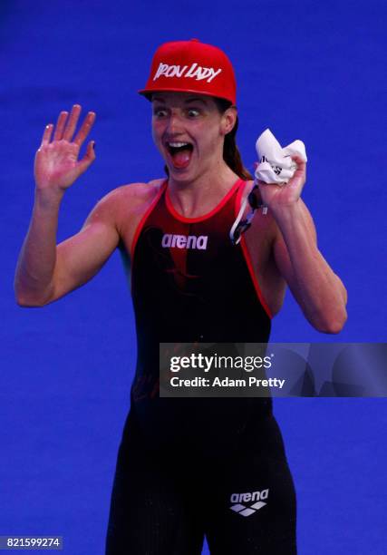 Katinka Hosszu of Hungary celebrates winning gold in the Women's 200m Individual Medley Final on day eleven of the Budapest 2017 FINA World...