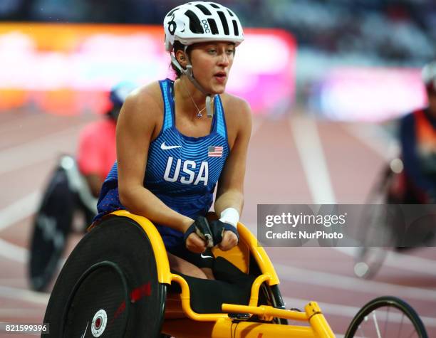 Hannah McFadden of USA compete Women's 100m T54 Final during World Para Athletics Championships at London Stadium in London on July 23, 2017