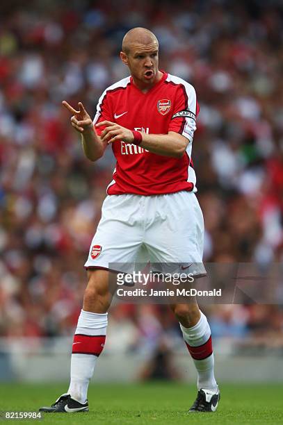 Philippe Senderos of Arsenal gestures during the pre-season friendly match between Arsenal and Juventus during the Emirates Cup at the Emirates...