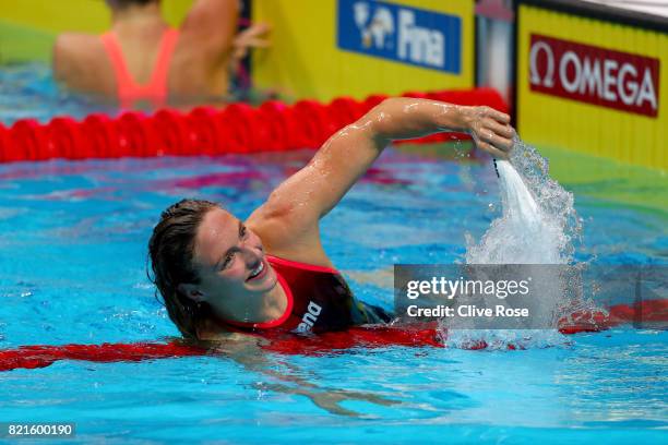 Katinka Hosszu of Hungary celebrates winning gold in the Women's 200m Individual Medley Final on day eleven of the Budapest 2017 FINA World...