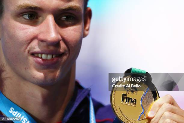 Benjamin Proud of Great Britain celebrates winning gold in the Men's 50m Butterfly Final on day eleven of the Budapest 2017 FINA World Championships...