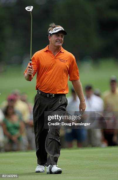 Fred Funk reacts after he misses a putt for birdie on the first hole during the third round of the 2008 U.S. Senior Open Championship at the...