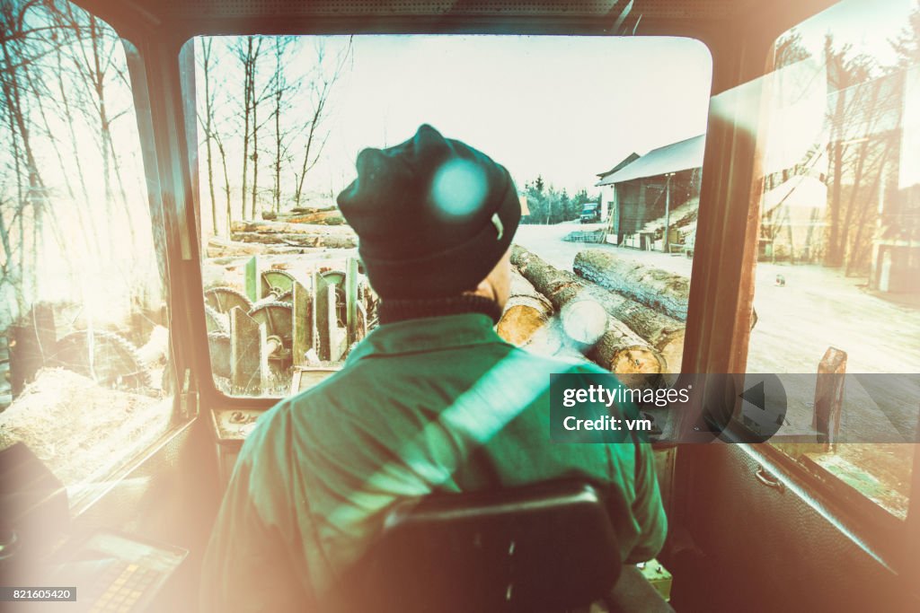 Man in a crane on a lumberyard