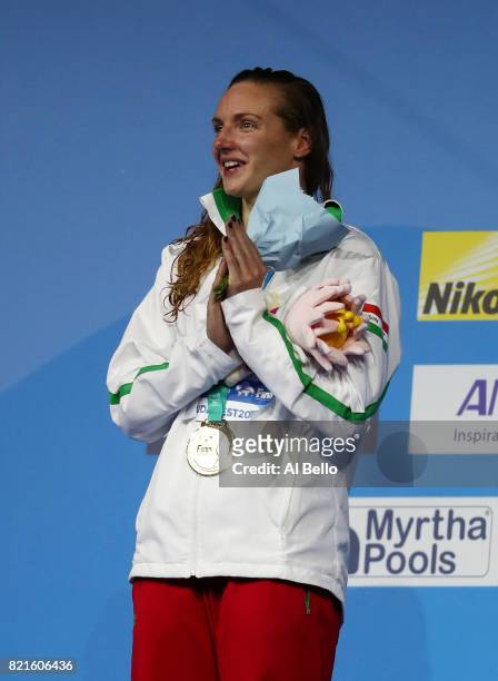 Katinka Hosszu of Hungary celebrates winning gold in the Women's 200m Individual Medley Final on day eleven of the Budapest 2017 FINA World...