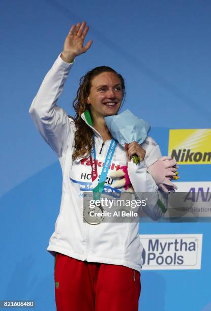 Katinka Hosszu of Hungary celebrates winning gold in the Women's 200m Individual Medley Final on day eleven of the Budapest 2017 FINA World...