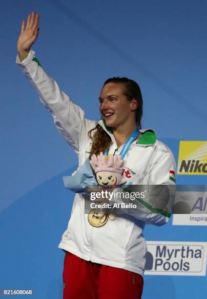 Katinka Hosszu of Hungary celebrates winning gold in the Women's 200m Individual Medley Final on day eleven of the Budapest 2017 FINA World...