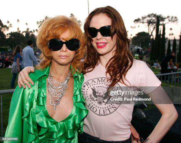 Linda Ramone and Rose McGowan at the Tribute To Legendary Ramones Guitarist Johnny Ramone at the Hollywood Forever Cemetery on August 1, 2008 in...