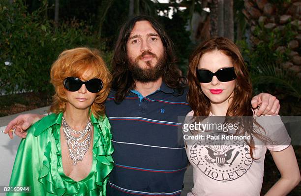 Linda Ramone, John Frusciante and Rose McGowanat the Tribute To Legendary Ramones Guitarist Johnny Ramone at the Hollywood Forever Cemetery on August...
