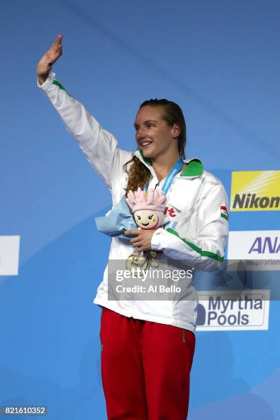 Katinka Hosszu of Hungary celebrates winning gold in the Women's 200m Individual Medley Final on day eleven of the Budapest 2017 FINA World...