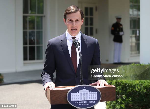 White House Senior Advisor and President Donald Trump's son-in-law Jared Kushner reads a statment in front of West Wing of the White House after...