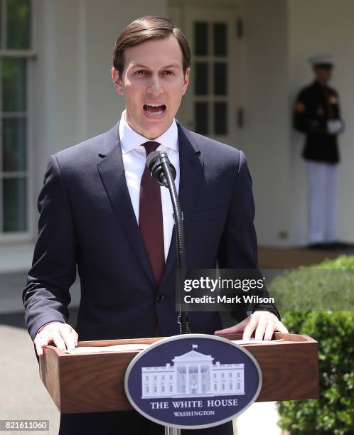 White House Senior Advisor and President Donald Trump's son-in-law Jared Kushner reads a statment in front of West Wing of the White House after...