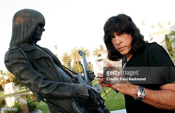 Drummer Marky Ramone signing autographs at the statue of Johnny Ramone at the Tribute To Legendary Ramones Guitarist Johnny Ramone at the Hollywood...