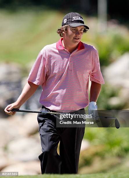 Jason Dufner smiles after a shot from a 9th hole bunker during the third round of the Legends Reno-Tahoe Open at the Montreux Golf & Country Club on...