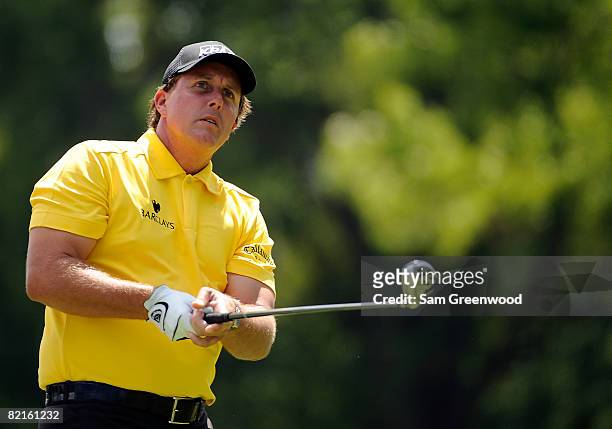 Phil Mickelson hits during the third round of the WGC-Bridgestone Invitational at Firestone Country Club South Course on August 2, 2008 in Akron,...