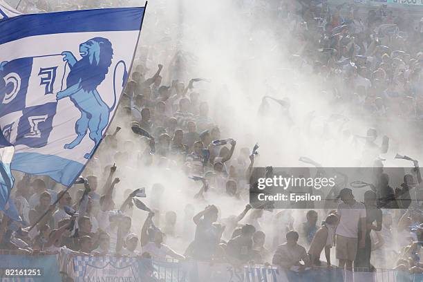 Football fans of FC Zenit, St.Petersburg during the Russian Football League Championship match between FC Zenit, St.Petersburg and FC Moscow, aka FC...