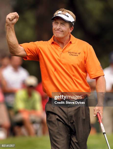 Fred Funk reacts to sinking a putt to save par on the 13th during round 3 of the US Senior Open Championship at the Broadmoor on August 2, 2008 in...