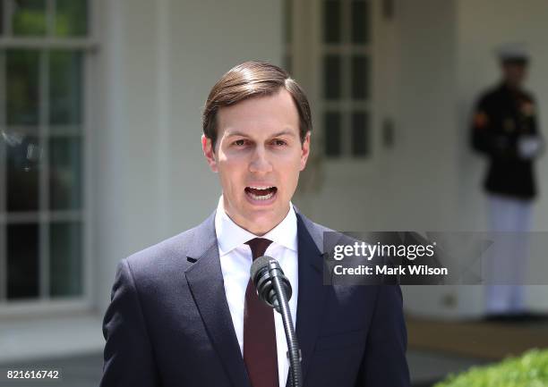 White House Senior Advisor and President Donald Trump's son-in-law Jared Kushner reads a statment in front of West Wing of the White House after...