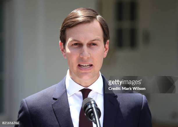 White House Senior Advisor and President Donald Trump's son-in-law Jared Kushner reads a statment in front of West Wing of the White House after...