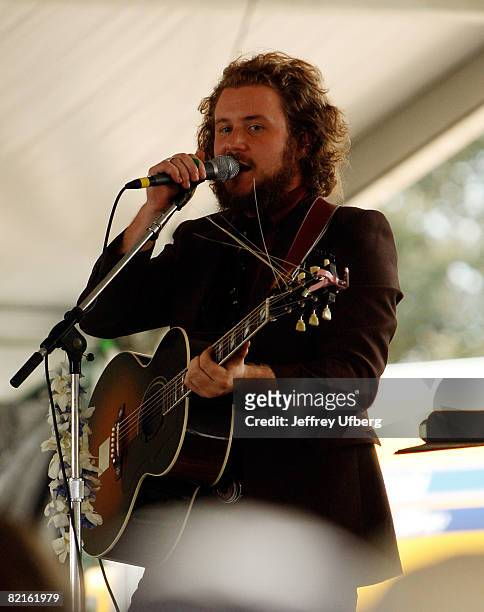 Musician Jim James of My Morning Jacket performs during the 2008 Newport Folk Festival at Fort Adams State Park on August 2, 2008 in Newport, Rhode...