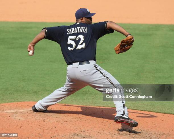 Sabathia of the Milwaukee Brewers pitches against the Atlanta Braves at Turner Field on August 2, 2008 in Atlanta, Georgia.
