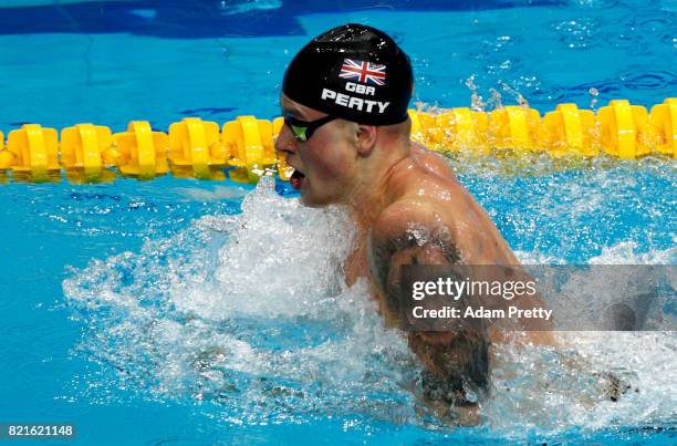 Adam Peaty of Great Britain competes during the Men's 100m Breaststroke Final on day eleven of the Budapest 2017 FINA World Championships on July 24,...