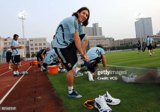 Lionel Messi of Argentina trains for the Beijing 2008 Olympic Games on August 2, 2008 in Shanghai, China.