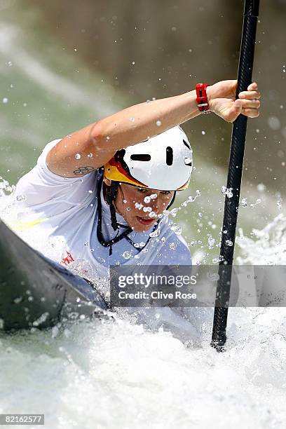 Jennifer Bongardt of Germany practices the women's kayak slalom at the Shunyi Olympic Rowing-Canoeing Park ahead of the Beijing 2008 Olympic Games on...