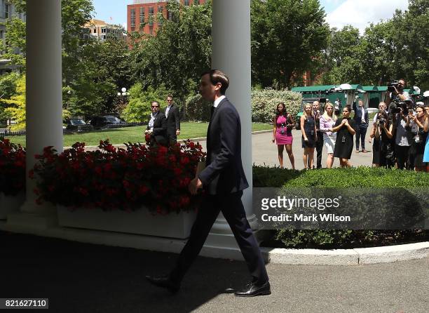 White House Senior Advisor and President Donald Trump's son-in-law Jared Kushner walks away after reading a statment in front of West Wing of the...