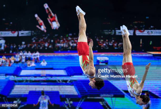Diogo Ganchinho and Diogo Abreu of Portugal compete during the Trampoline Synchronized Men Qualification of The World Games at Centennial Hall on...
