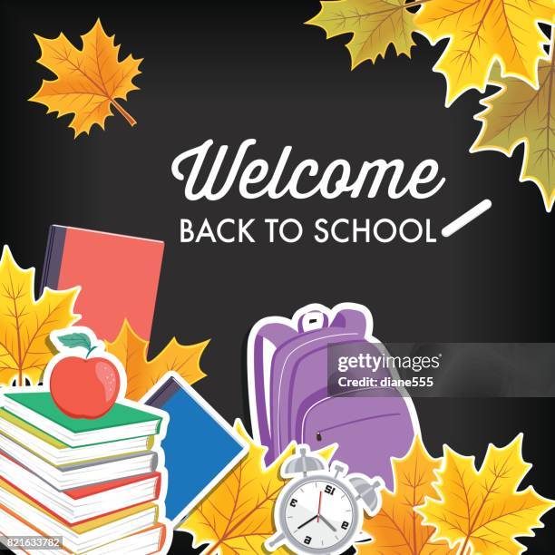 back to school border with fall leaves and icons - fall leaves border stock illustrations