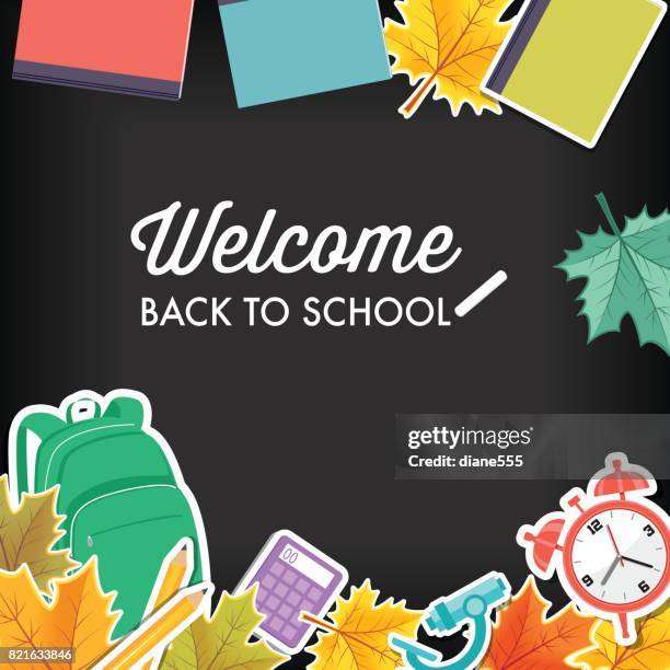 back to school border with fall leaves and icons - fall leaves border stock illustrations