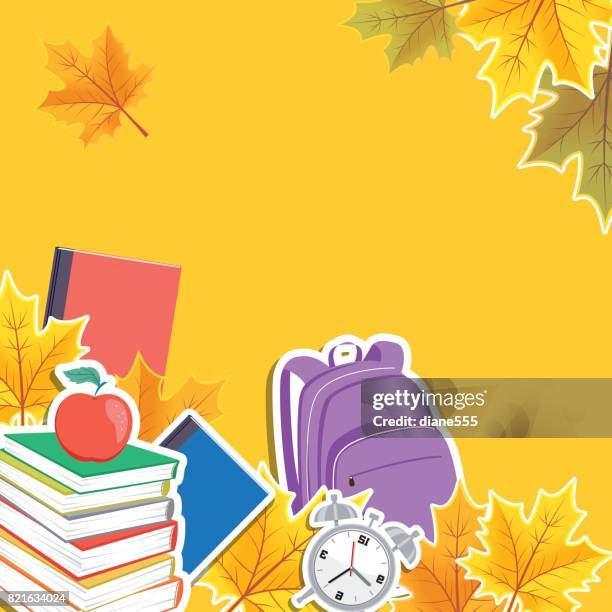 back to school border with fall leaves and icons - fall leaves border stock illustrations