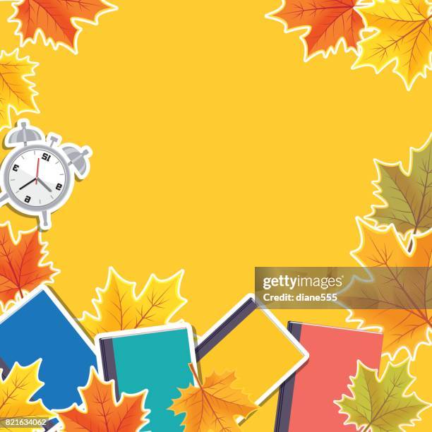 back to school border with fall leaves and icons - fall leaves border stock illustrations