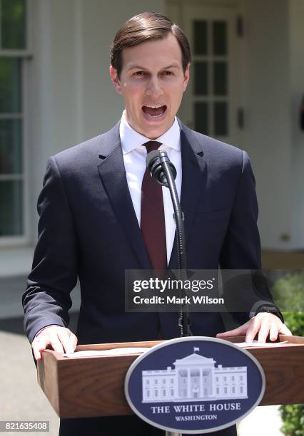 White House Senior Advisor and President Donald Trump's son-in-law Jared Kushner reads a statment in front of West Wing of the White House after...