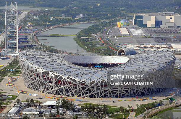 This aerial picture shows a view of the National Stadium, also known as the "Bird's Nest", taken on August 2, 2008 ahead of the Beijing 2008 Olympic...