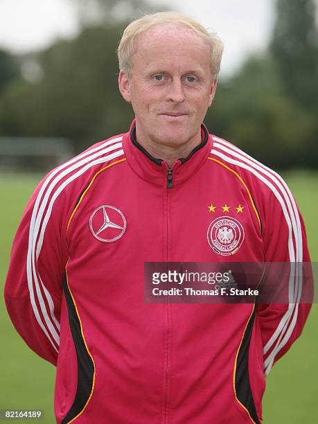 Head coach Ralf Peter poses during the photo call of the U17 women German national soccer team at the Sportschule Wedau on August 3, 2008 in...