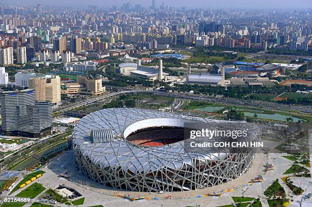 This aerial picture shows the National Stadium , also known as the "Bird's Nest," on the Olympic Green ahead of the Beijing 2008 Olympic Games on...