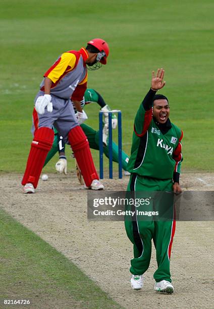 Hiren Ashok Varaiya of Kenya celebrates a LBW from Henry Osinde of Canada during the Kenya v Canada ICC World Twenty20 Cup Qualifier on August 3,...