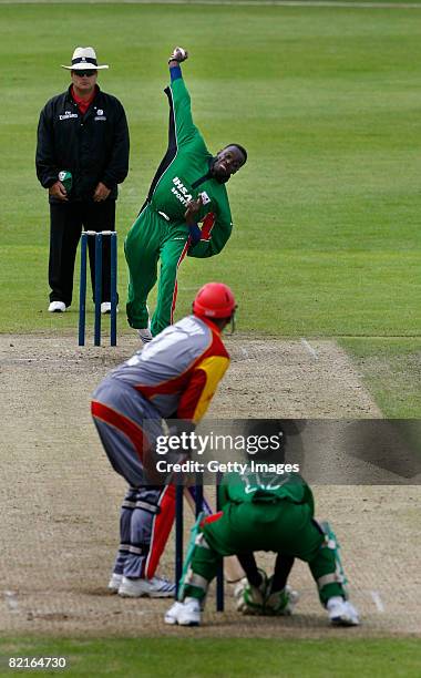Ondik Otieno Suji of Kenya bowls to Sanjay Thuraisingam of Canada during the Kenya v Canada ICC World Twenty20 Cup Qualifier on August 3, 2008 in...