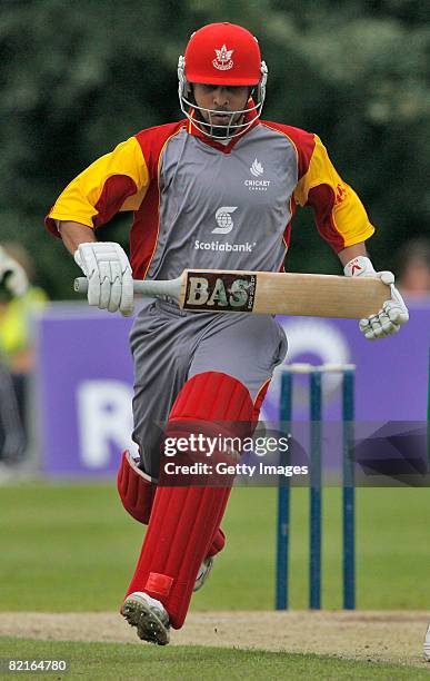 Ashish Bagai of Canada runs between the wickets during the Kenya v Canada ICC World Twenty20 Cup Qualifier on August 3, 2008 in Belfast, Northern...