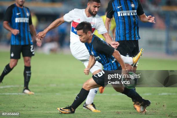 Yuto Nagatomo of FC Internazionale and Nabil Fekir of Lyon compete for the ball during the 2017 International Champions Cup match between FC...